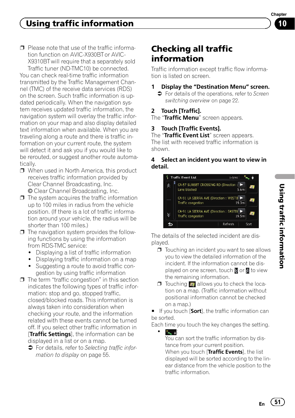 Checking all traffic information, Using traffic information | Pioneer SUPER TUNER IIID AVIC-X9310BT User Manual | Page 51 / 232