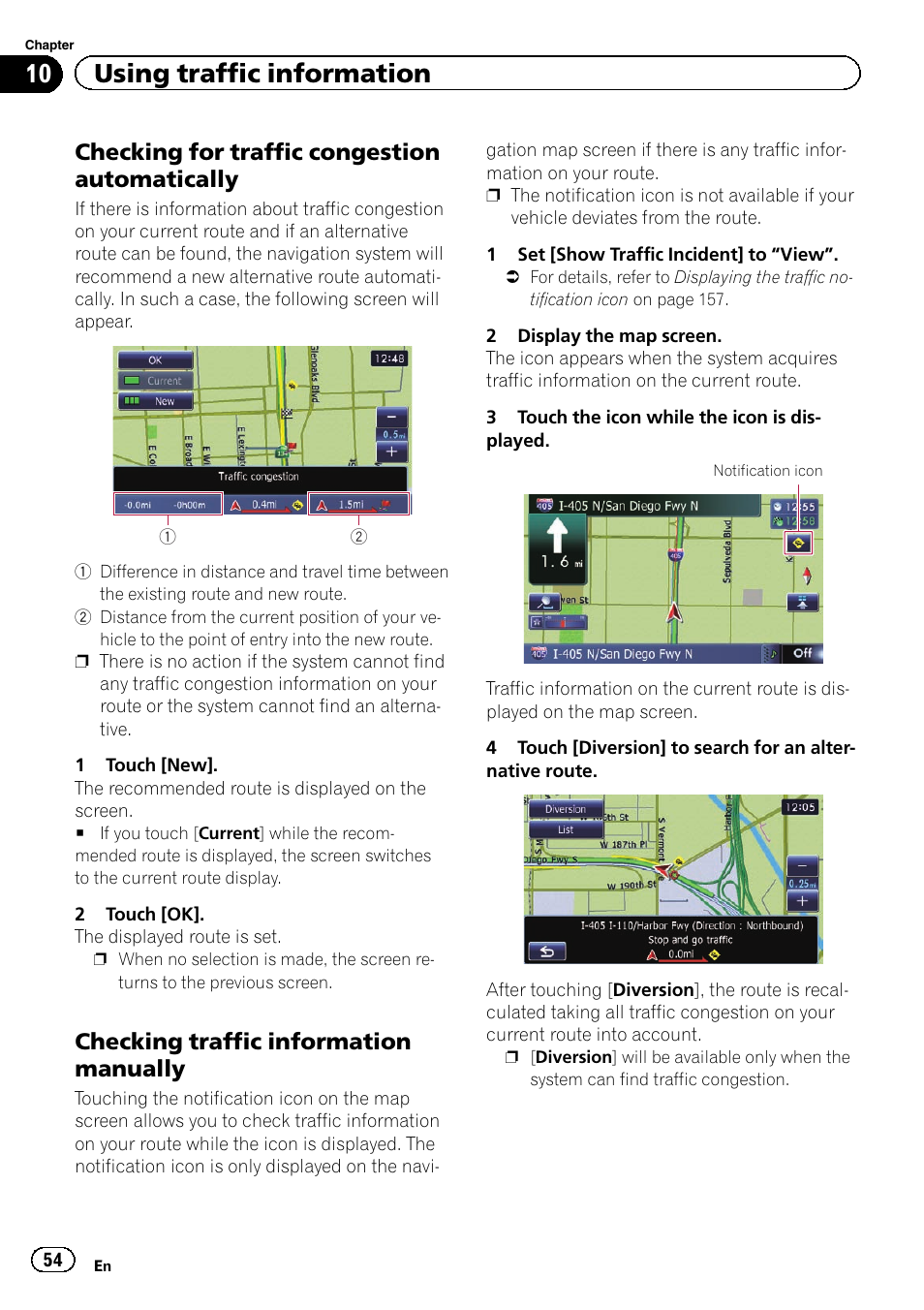Checking for traffic congestion, Automatically, Checking traffic information | Manually, 10 using traffic information, Checking for traffic congestion automatically, Checking traffic information manually | Pioneer SUPER TUNER IIID AVIC-X9310BT User Manual | Page 54 / 232