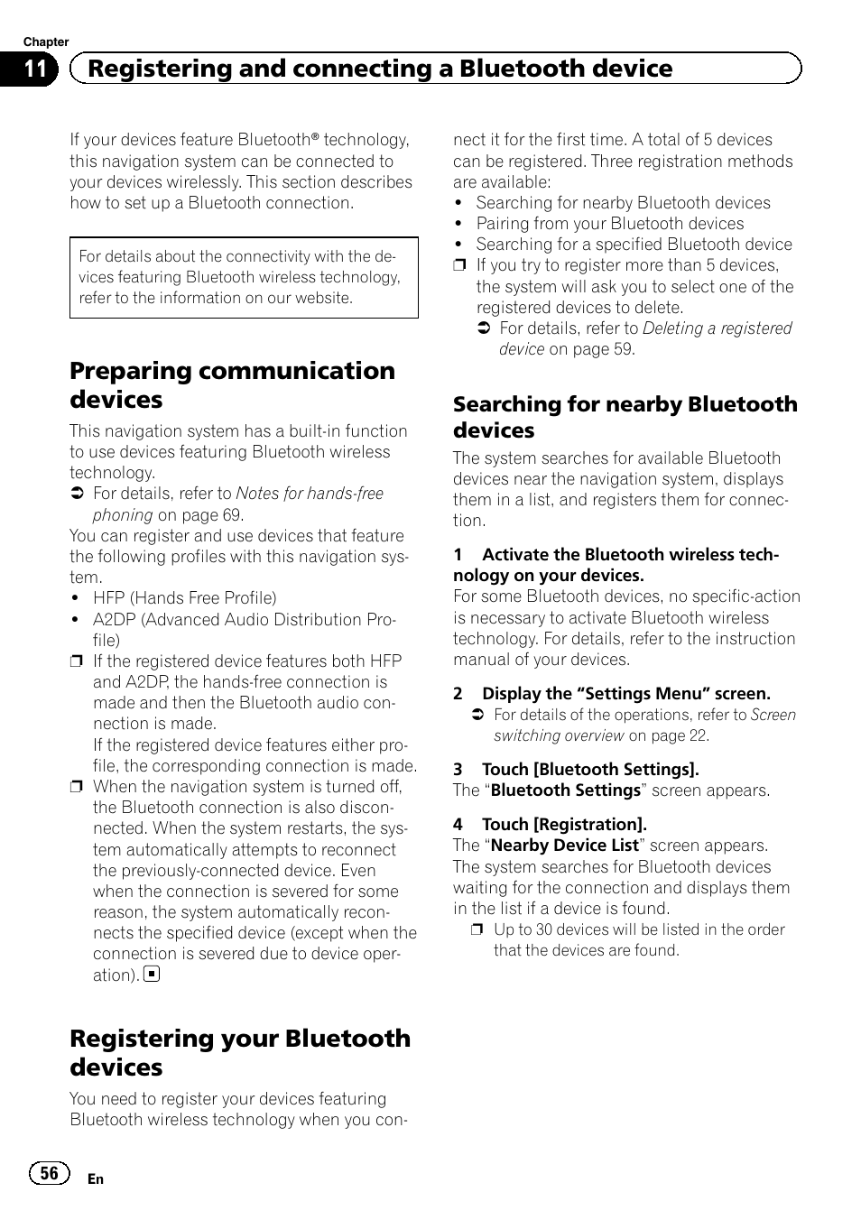 Registering your bluetooth devices, Searching for nearby bluetooth, Devices | Preparing communication devices, 11 registering and connecting a bluetooth device, Searching for nearby bluetooth devices | Pioneer SUPER TUNER IIID AVIC-X9310BT User Manual | Page 56 / 232