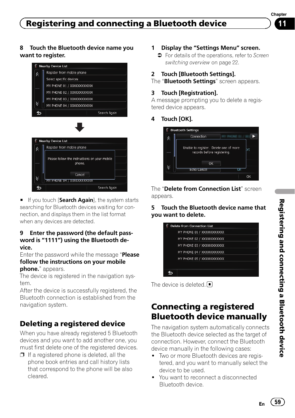 Deleting a registered device 59, Connecting a registered bluetooth device, Manually | Deleting a registered, Connecting a registered bluetooth device manually, Registering and connecting a bluetooth device, Deleting a registered device | Pioneer SUPER TUNER IIID AVIC-X9310BT User Manual | Page 59 / 232