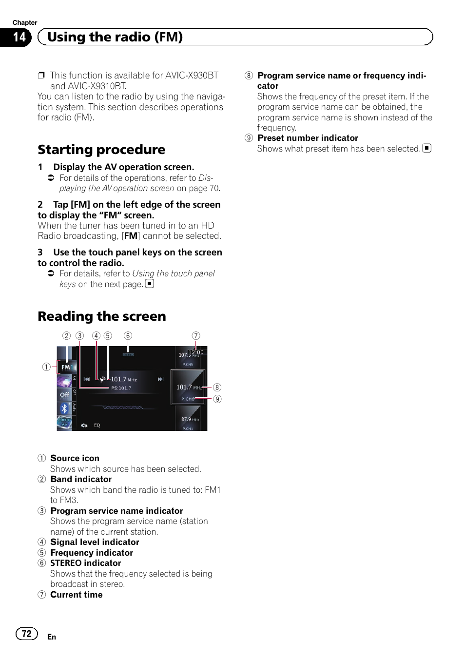 Using the radio (fm) starting procedure, Reading the screen, Starting procedure | 14 using the radio (fm) | Pioneer SUPER TUNER IIID AVIC-X9310BT User Manual | Page 72 / 232