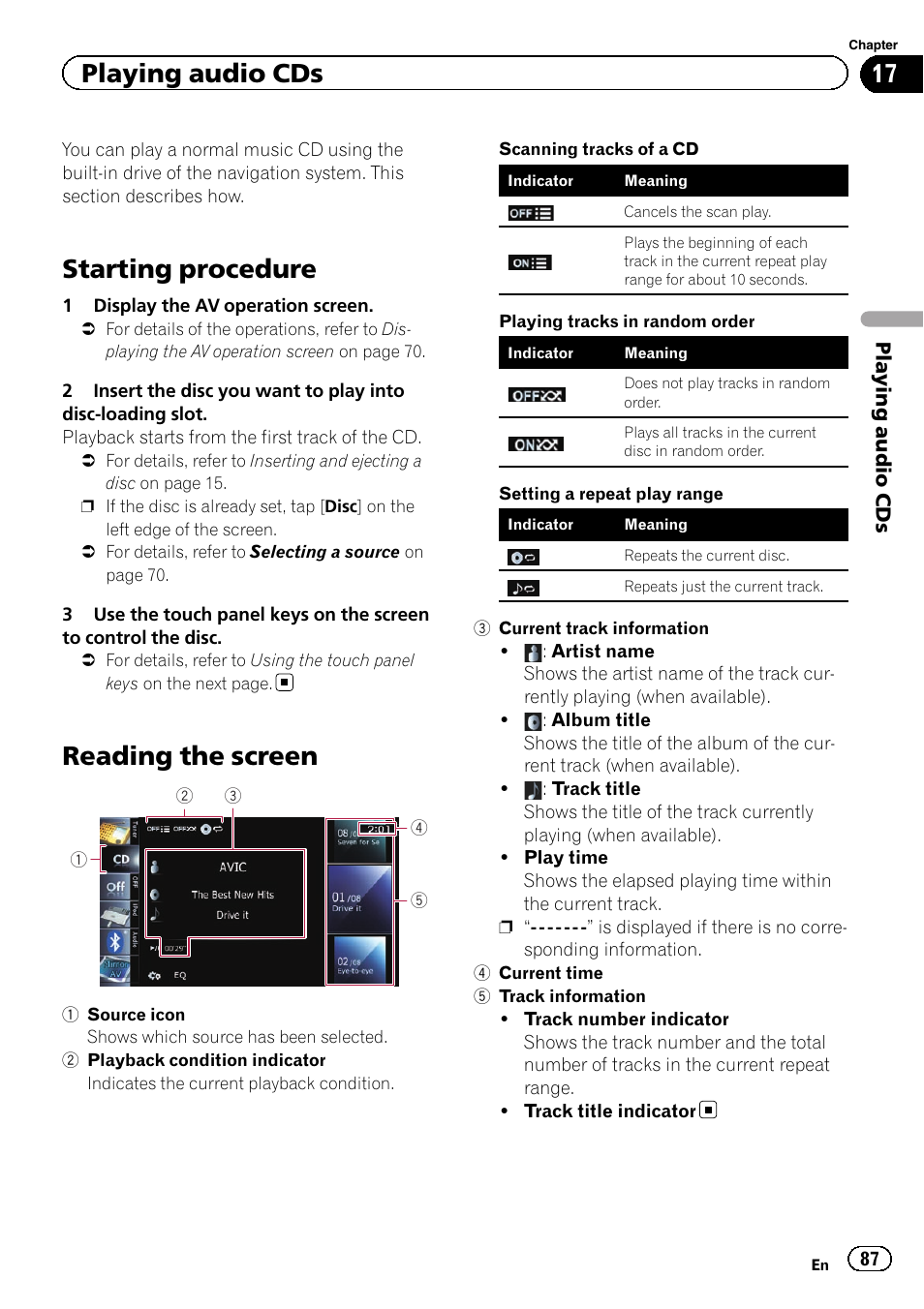 Playing audio cds starting procedure, Reading the screen, Starting procedure | Playing audio cds | Pioneer SUPER TUNER IIID AVIC-X9310BT User Manual | Page 87 / 232
