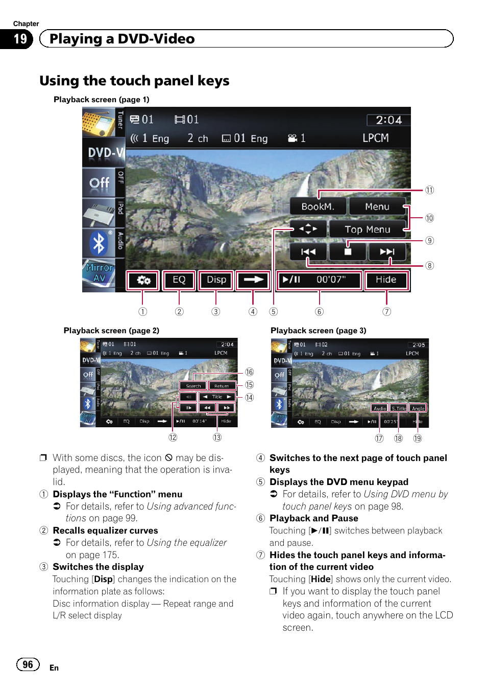 Using the touch panel keys, Using the touch panel, 19 playing a dvd-video | Pioneer SUPER TUNER IIID AVIC-X9310BT User Manual | Page 96 / 232