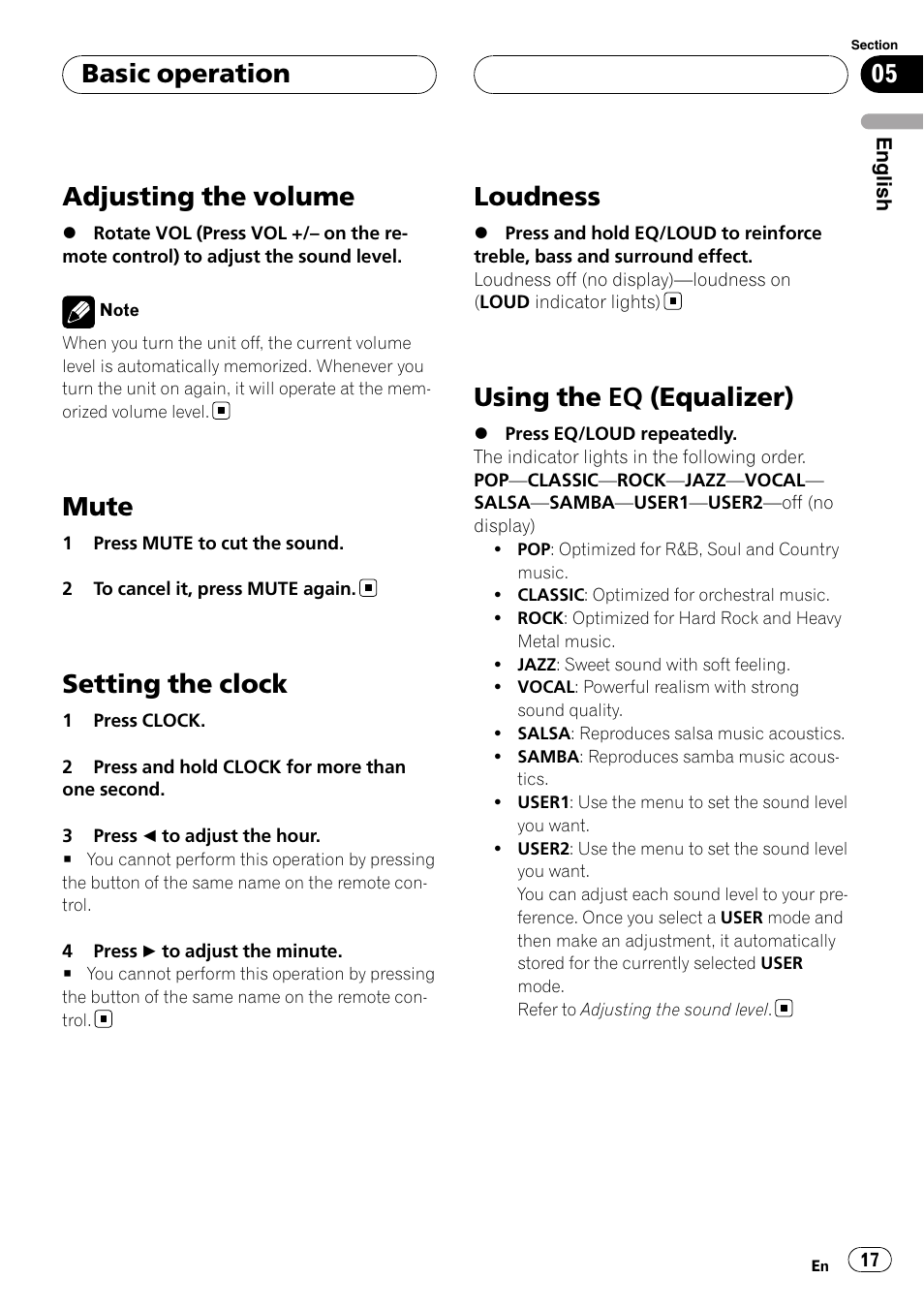 Adjusting the volume, Mute, Setting the clock | Loudness, Using the eq (equalizer), Basic operation | Pioneer DVH-3950MP User Manual | Page 17 / 154