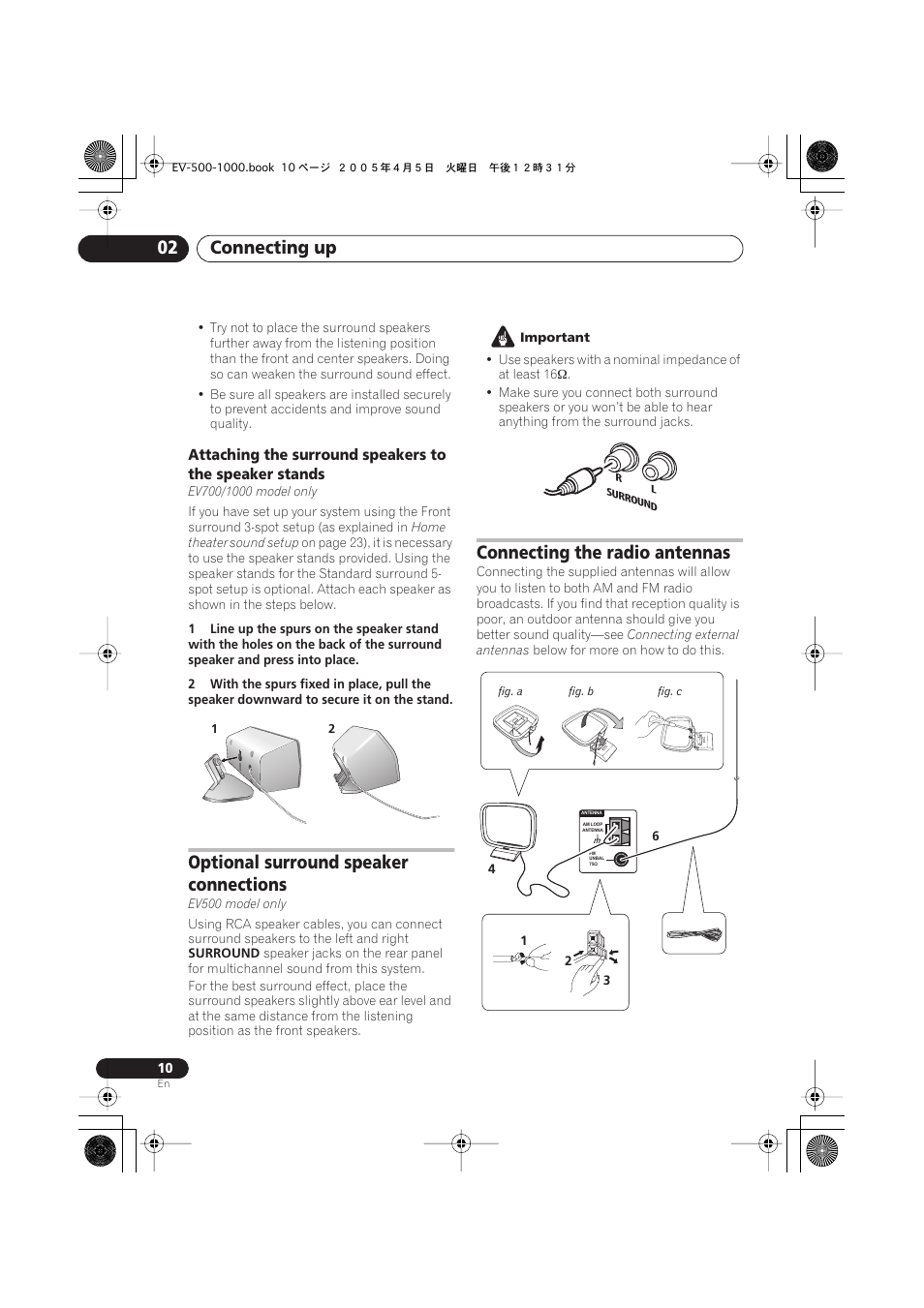 Optional surround speaker connections, Connecting the radio antennas, Connecting up 02 | Pioneer S-EV500V User Manual | Page 10 / 63