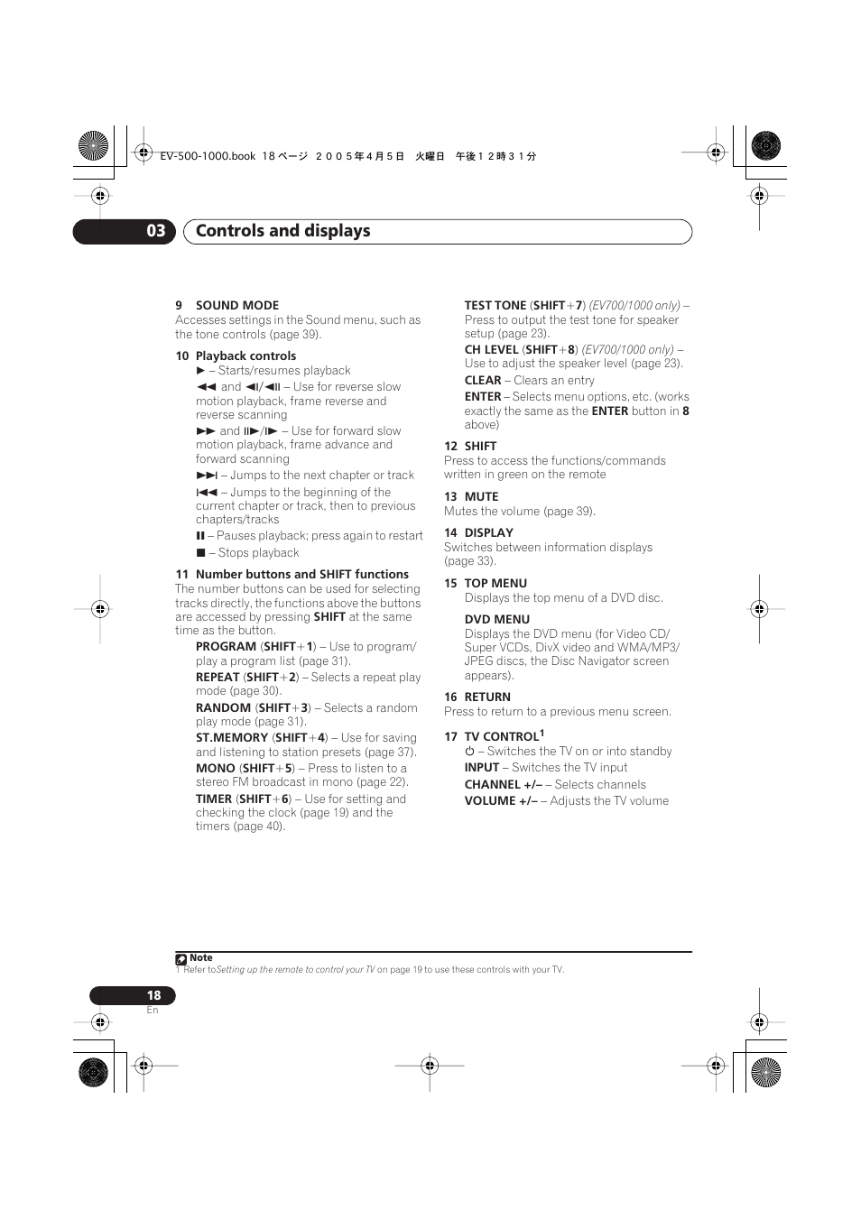 Controls and displays 03 | Pioneer S-EV500V User Manual | Page 18 / 63