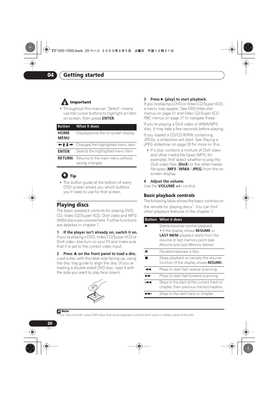 Playing discs, Basic playback controls, Getting started 04 | Pioneer S-EV500V User Manual | Page 20 / 63