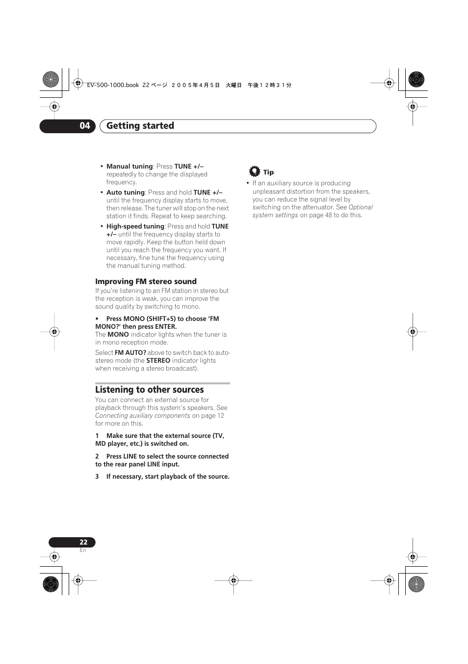 Improving fm stereo sound, Listening to other sources, Getting started 04 | Pioneer S-EV500V User Manual | Page 22 / 63