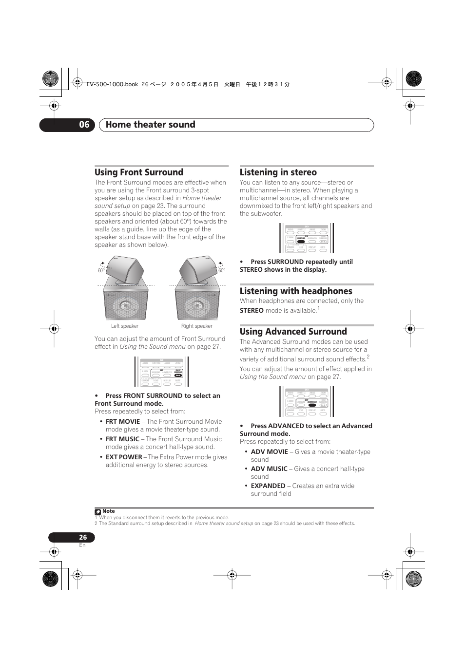 Using front surround, Listening in stereo, Listening with headphones | Using advanced surround, Home theater sound 06 | Pioneer S-EV500V User Manual | Page 26 / 63