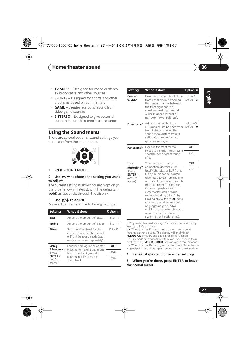 Using the sound menu, Home theater sound 06 | Pioneer S-EV500V User Manual | Page 27 / 63