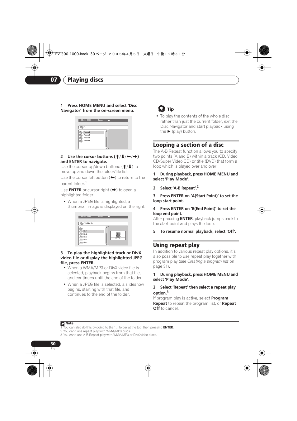 Looping a section of a disc, Using repeat play, Playing discs 07 | Pioneer S-EV500V User Manual | Page 30 / 63