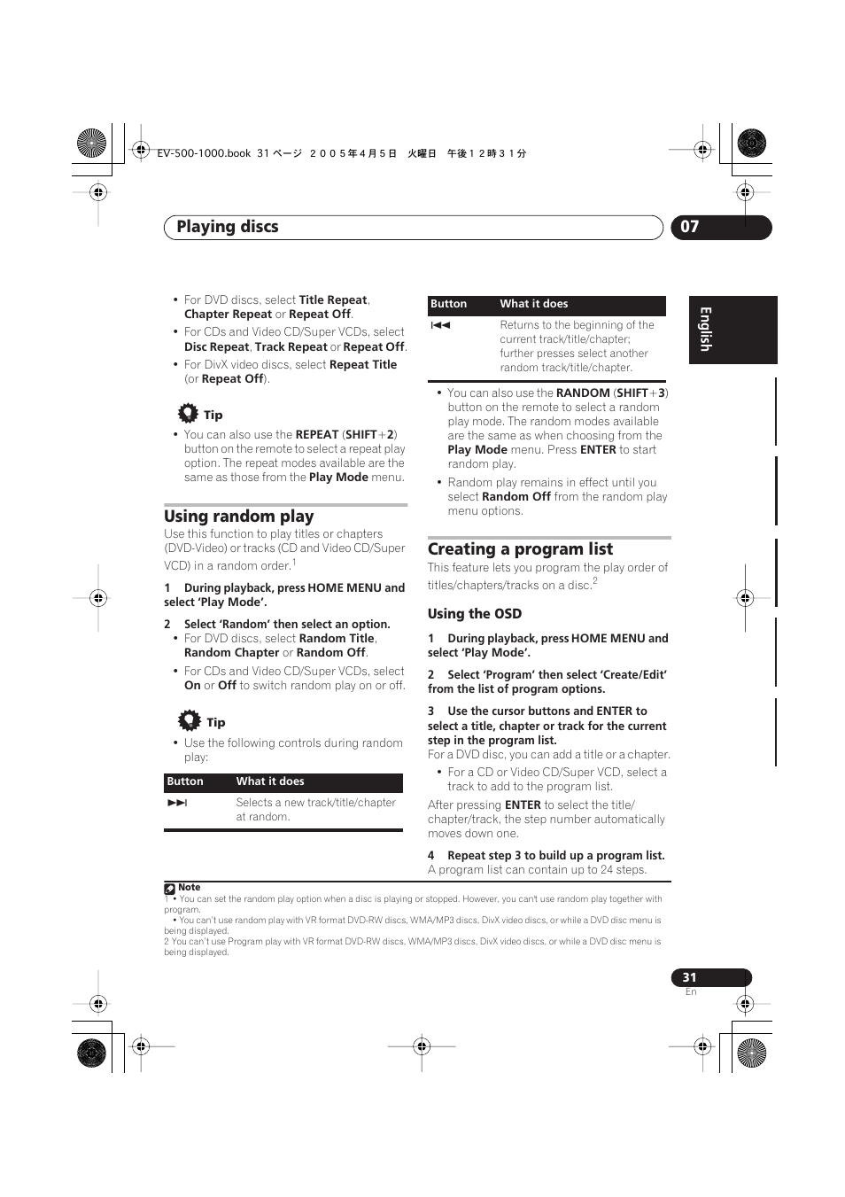 Using random play, Creating a program list, Using the osd | Playing discs 07 | Pioneer S-EV500V User Manual | Page 31 / 63