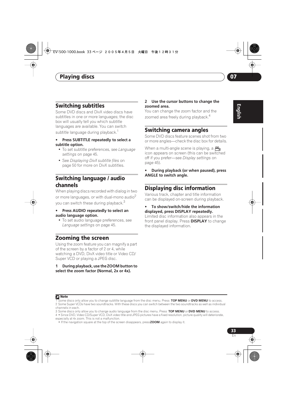 Switching subtitles, Switching language / audio channels, Zooming the screen | Switching camera angles, Displaying disc information, Playing discs 07 | Pioneer S-EV500V User Manual | Page 33 / 63