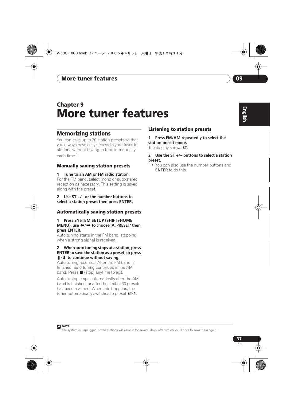09 more tuner features, Memorizing stations, Manually saving station presets | Automatically saving station presets, Listening to station presets, More tuner features, More tuner features 09, Chapter 9 | Pioneer S-EV500V User Manual | Page 37 / 63