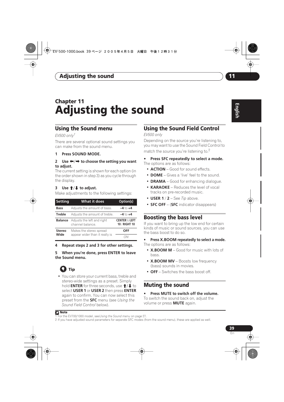 11 adjusting the sound, Using the sound menu, Using the sound field control | Boosting the bass level, Muting the sound, Adjusting the sound, Adjusting the sound 11, Chapter 11 | Pioneer S-EV500V User Manual | Page 39 / 63