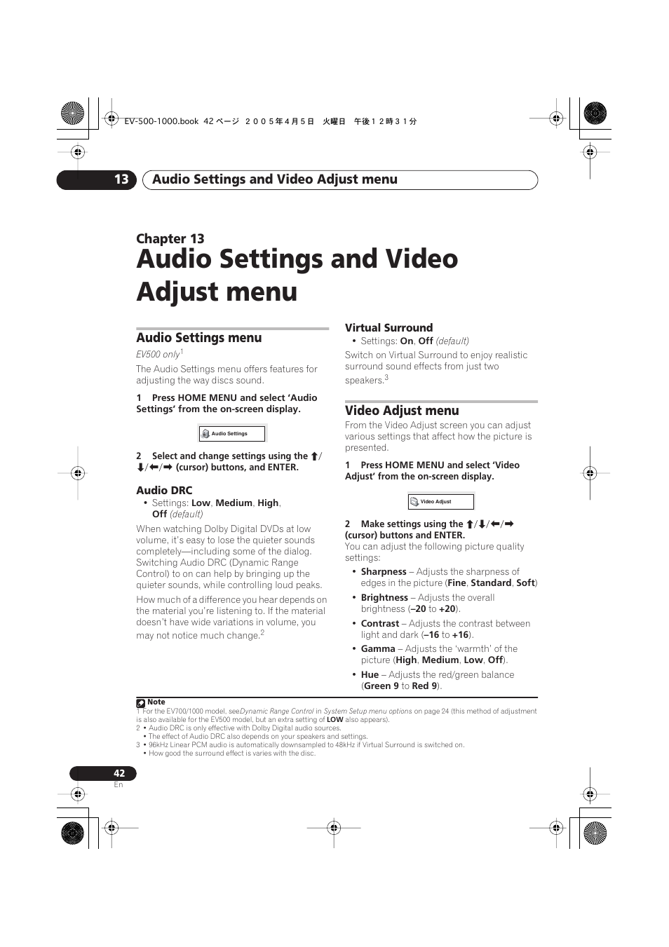 13 audio settings and video adjust menu, Audio settings menu, Audio drc | Virtual surround, Video adjust menu, Audio settings and video adjust menu, Audio settings and video adjust menu 13, Chapter 13 | Pioneer S-EV500V User Manual | Page 42 / 63