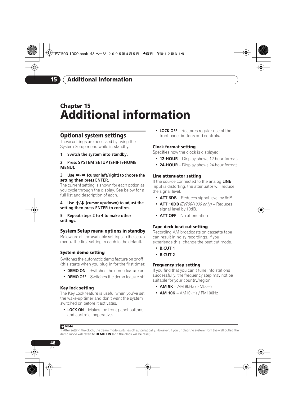 15 additional information, Optional system settings, System setup menu options in standby | Additional information, Additional information 15, Chapter 15 | Pioneer S-EV500V User Manual | Page 48 / 63