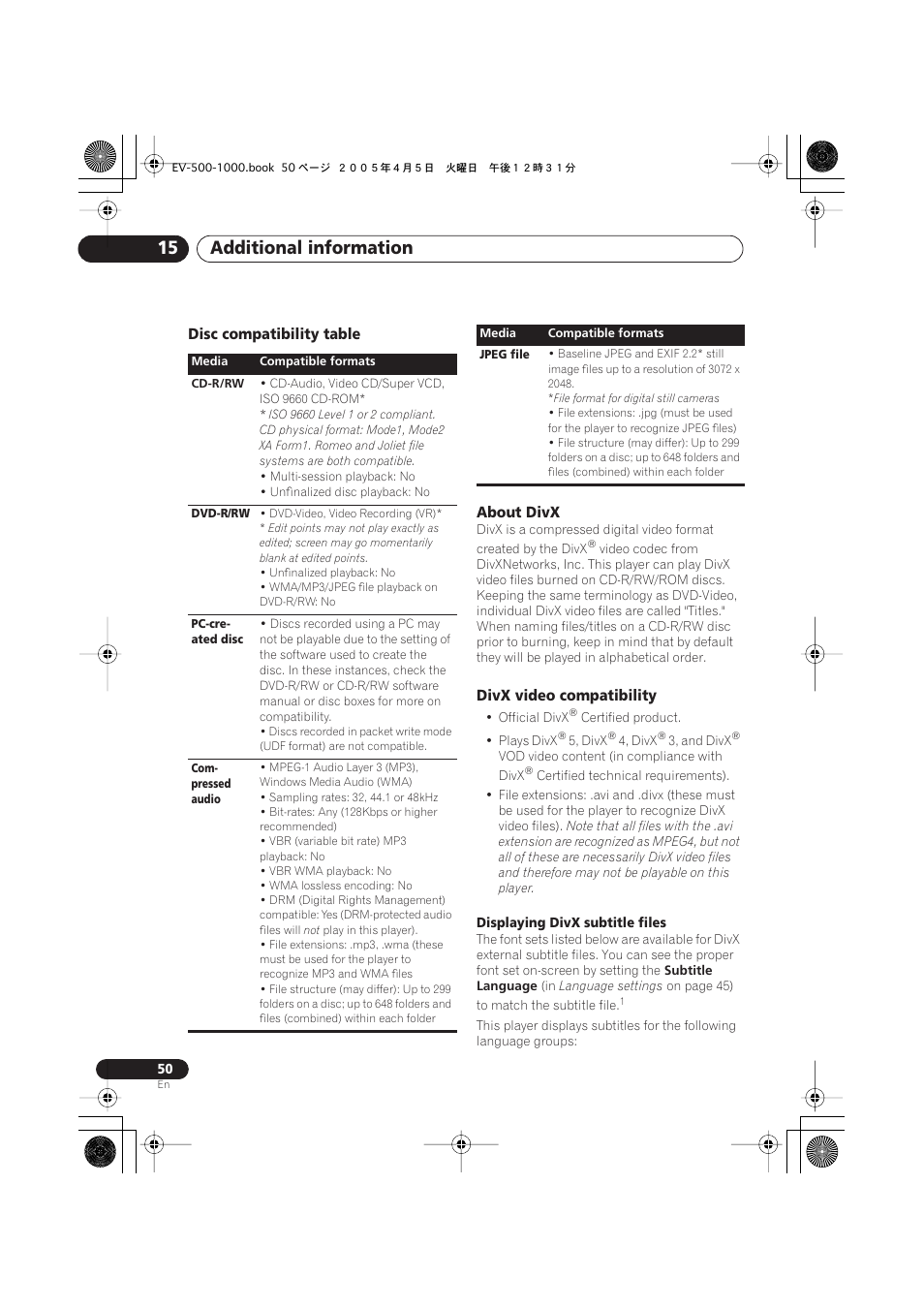 Disc compatibility table, About divx, Divx video compatibility | Additional information 15 | Pioneer S-EV500V User Manual | Page 50 / 63