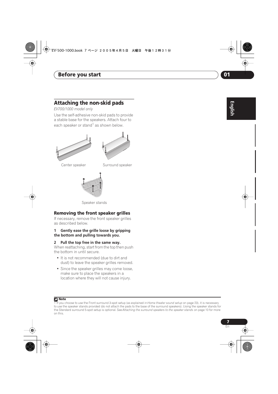 Attaching the non-skid pads, Removing the front speaker grilles, Before you start 01 | Pioneer S-EV500V User Manual | Page 7 / 63