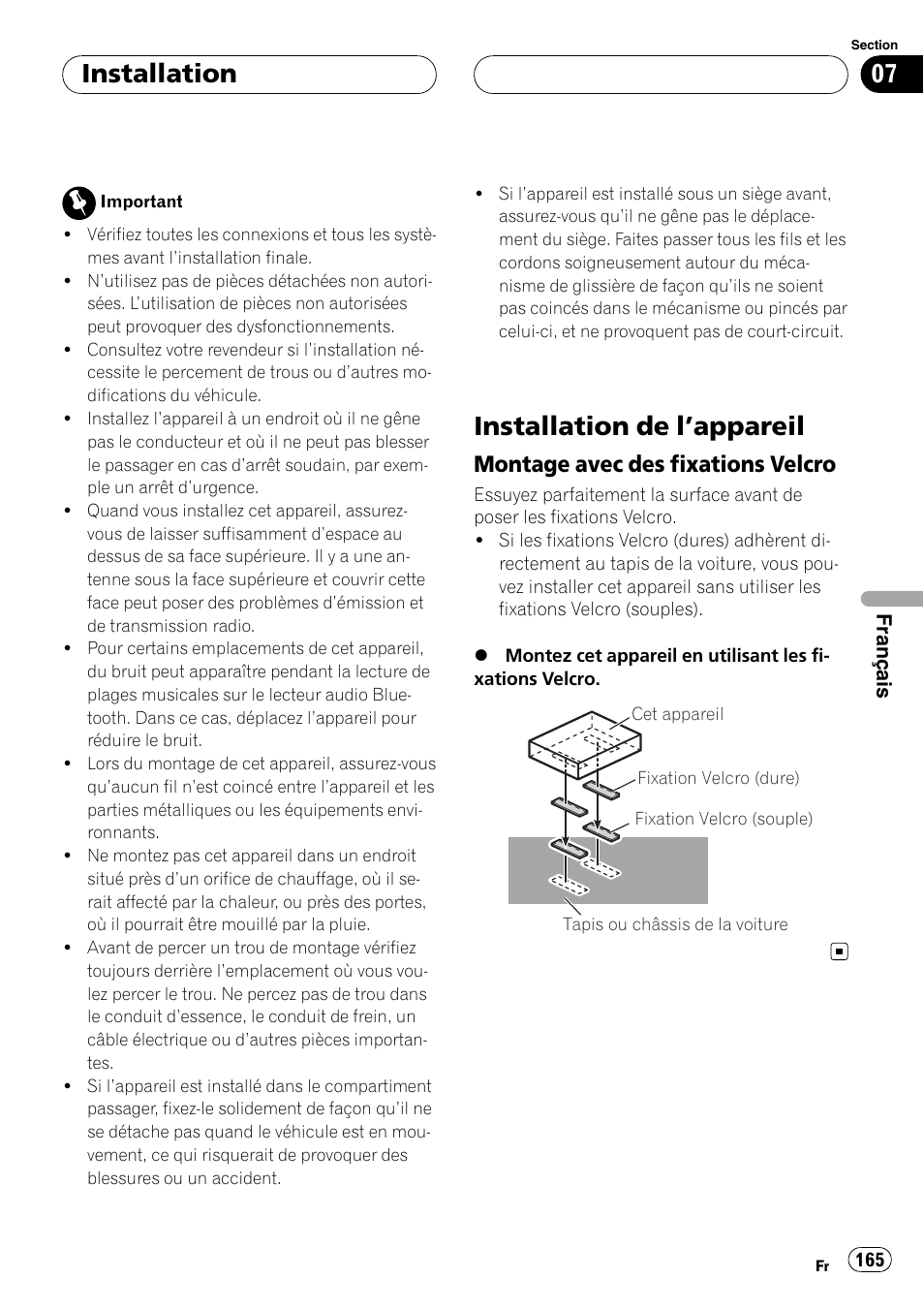 Installation installation de l, Appareil 165, Montage avec des fixations | Velcro, Installation de l ’appareil, Installation, Montage avec des fixations velcro | Pioneer CD-BTB20 User Manual | Page 165 / 169