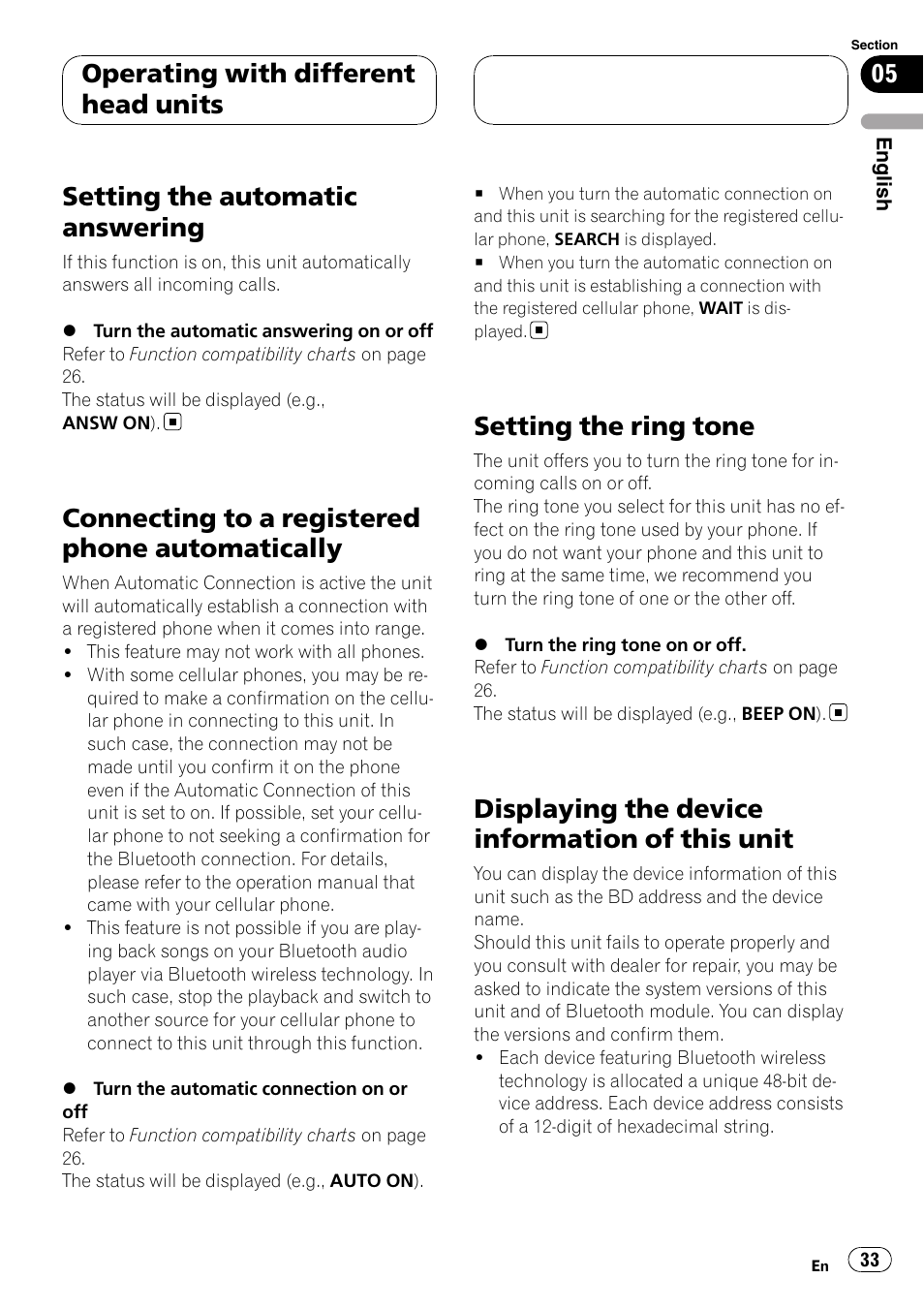 Setting the automatic answering, Connecting to a registered phone, Automatically | Setting the ring tone, Displaying the device information of this, Unit, Connecting to a registered phone automatically, Displaying the device information of this unit, Operating with different head units | Pioneer CD-BTB20 User Manual | Page 33 / 169