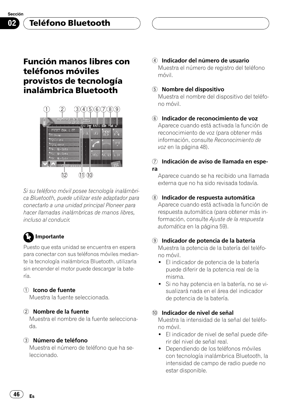 Provistos de tecnología inalámbrica bluetooth, Teléfono bluetooth | Pioneer CD-BTB20 User Manual | Page 46 / 169