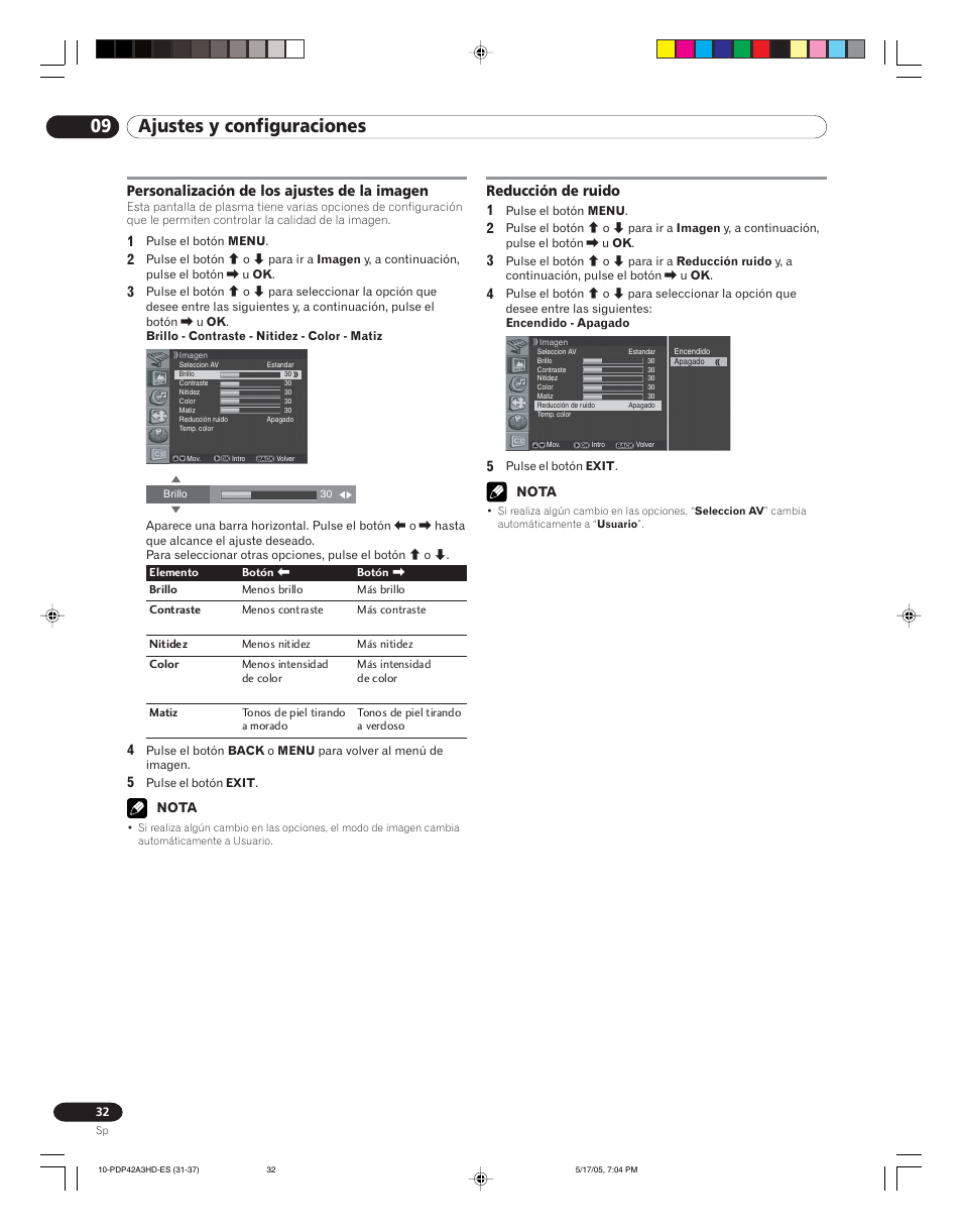 09 ajustes y configuraciones, Personalización de los ajustes de la imagen, Reducción de ruido 1 | Pioneer PureVision PDP 42A3HD User Manual | Page 120 / 134