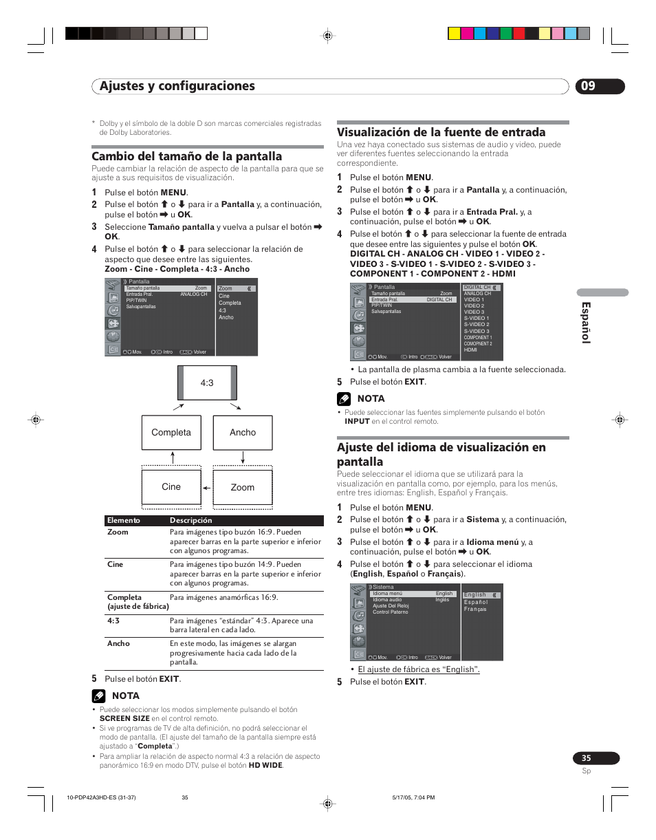 09 ajustes y configuraciones, Cambio del tamaño de la pantalla, Visualización de la fuente de entrada | Ajuste del idioma de visualización en pantalla, Español | Pioneer PureVision PDP 42A3HD User Manual | Page 123 / 134