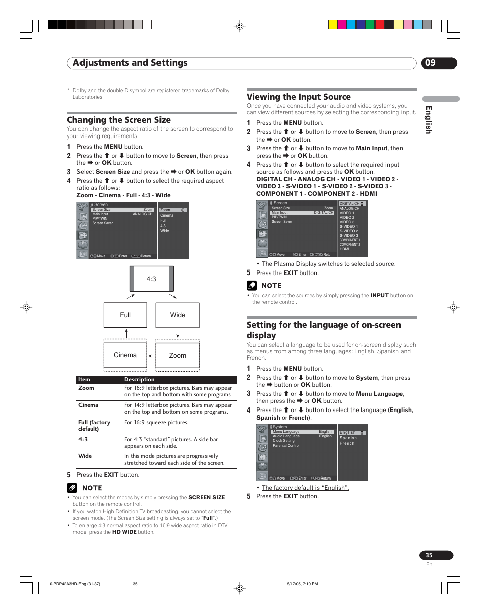 09 adjustments and settings, Changing the screen size, Viewing the input source | Setting for the language of on-screen display, English | Pioneer PureVision PDP 42A3HD User Manual | Page 35 / 134