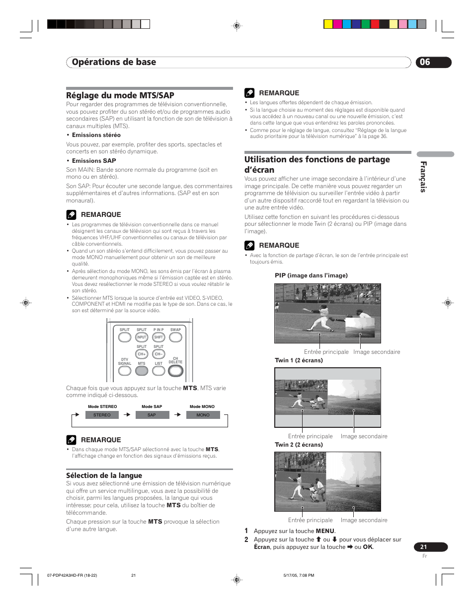 Réglage du mode mts/sap, Sélection de la langue, Utilisation des fonctions de partage d’écran | 06 opérations de base, Français | Pioneer PureVision PDP 42A3HD User Manual | Page 65 / 134