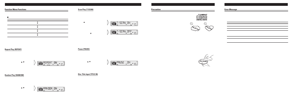 Cd player troubleshooting, Cd player and care, Using the cd player | Error message, Precaution, Function menu functions | Pioneer CDS-P4000 User Manual | Page 4 / 4