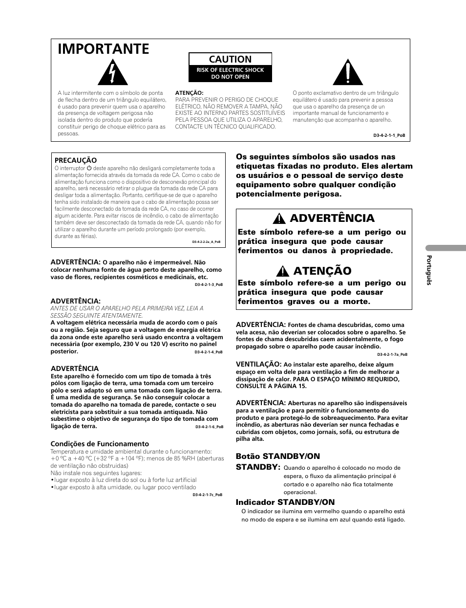 Importante, Advertência atenção, Caution | Pioneer PDP-428XG User Manual | Page 135 / 266