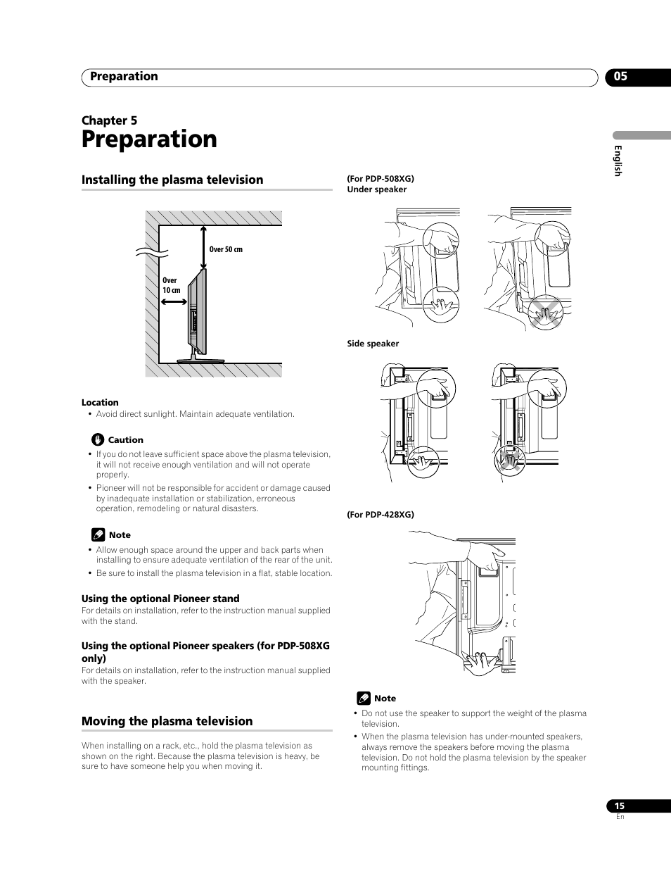 05 preparation, Preparation, Preparation 05 | Chapter 5, Installing the plasma television, Moving the plasma television | Pioneer PDP-428XG User Manual | Page 15 / 266