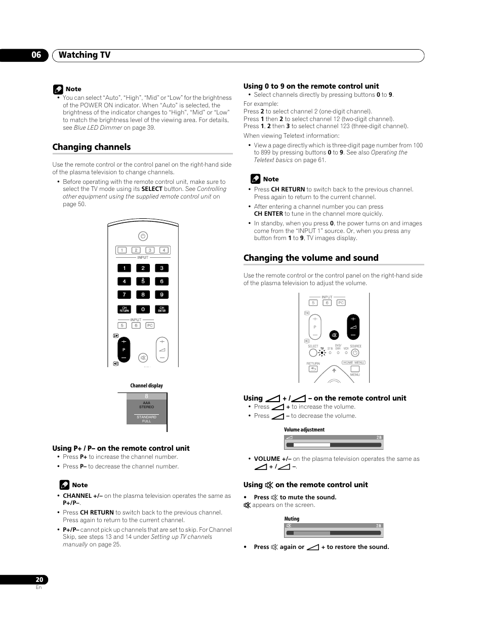 Changing channels changing the volume and sound, Watching tv 06, Changing channels | Changing the volume and sound | Pioneer PDP-428XG User Manual | Page 20 / 266