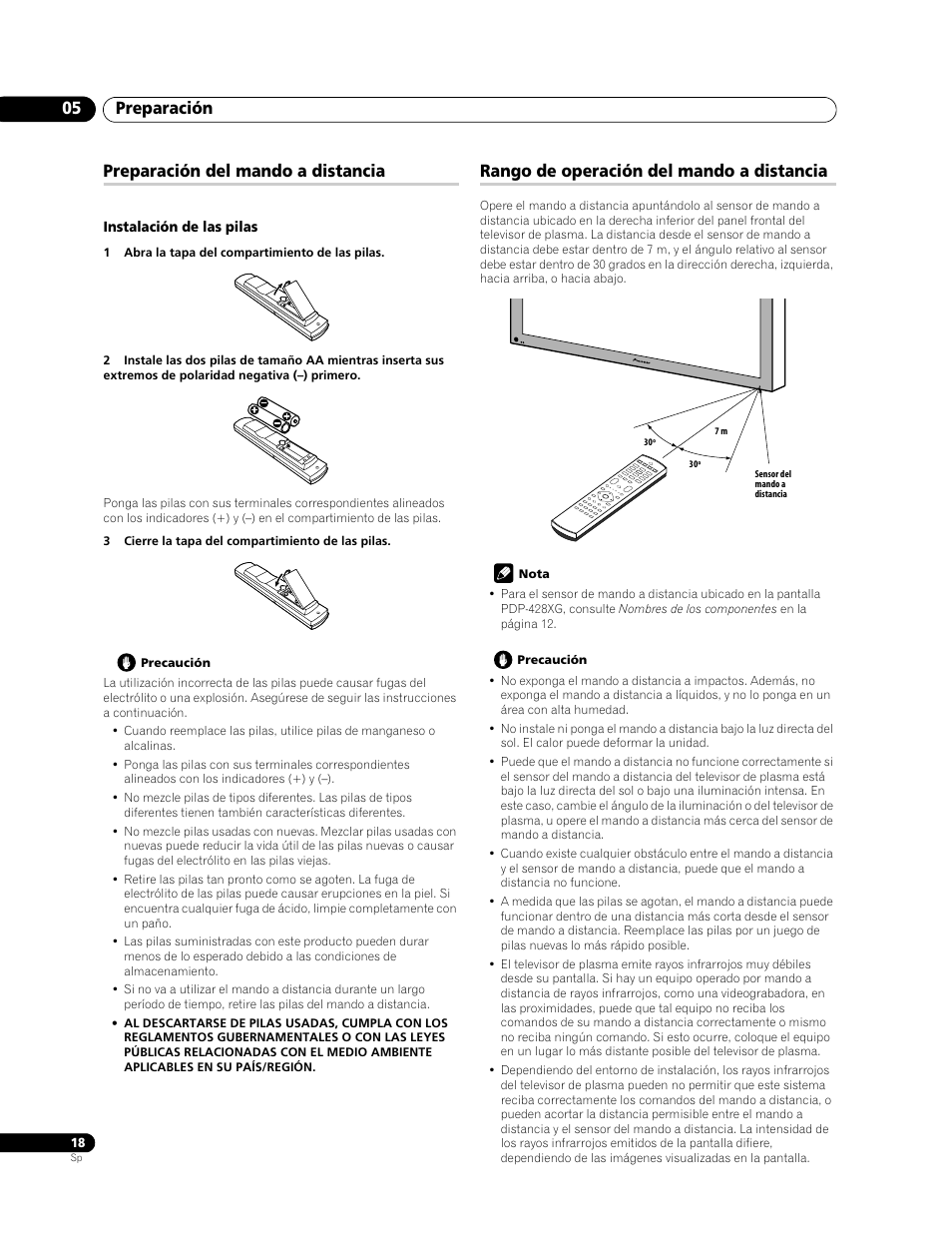 Preparación 05, Preparación del mando a distancia, Rango de operación del mando a distancia | Pioneer PDP-428XG User Manual | Page 84 / 266