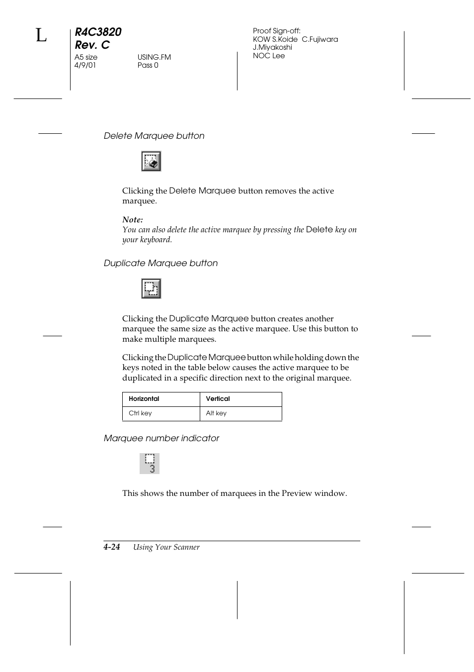 Delete marquee button, Duplicate marquee button, Marquee number indicator | Epson GT-30000 User Manual | Page 108 / 140