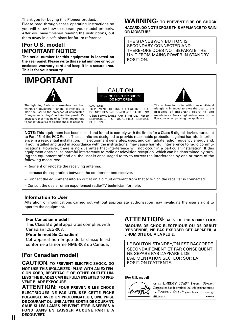 Important, Warning, For u.s. model] important notice | Caution, For canadian model] caution, Attention | Pioneer VSX-37TX User Manual | Page 2 / 92
