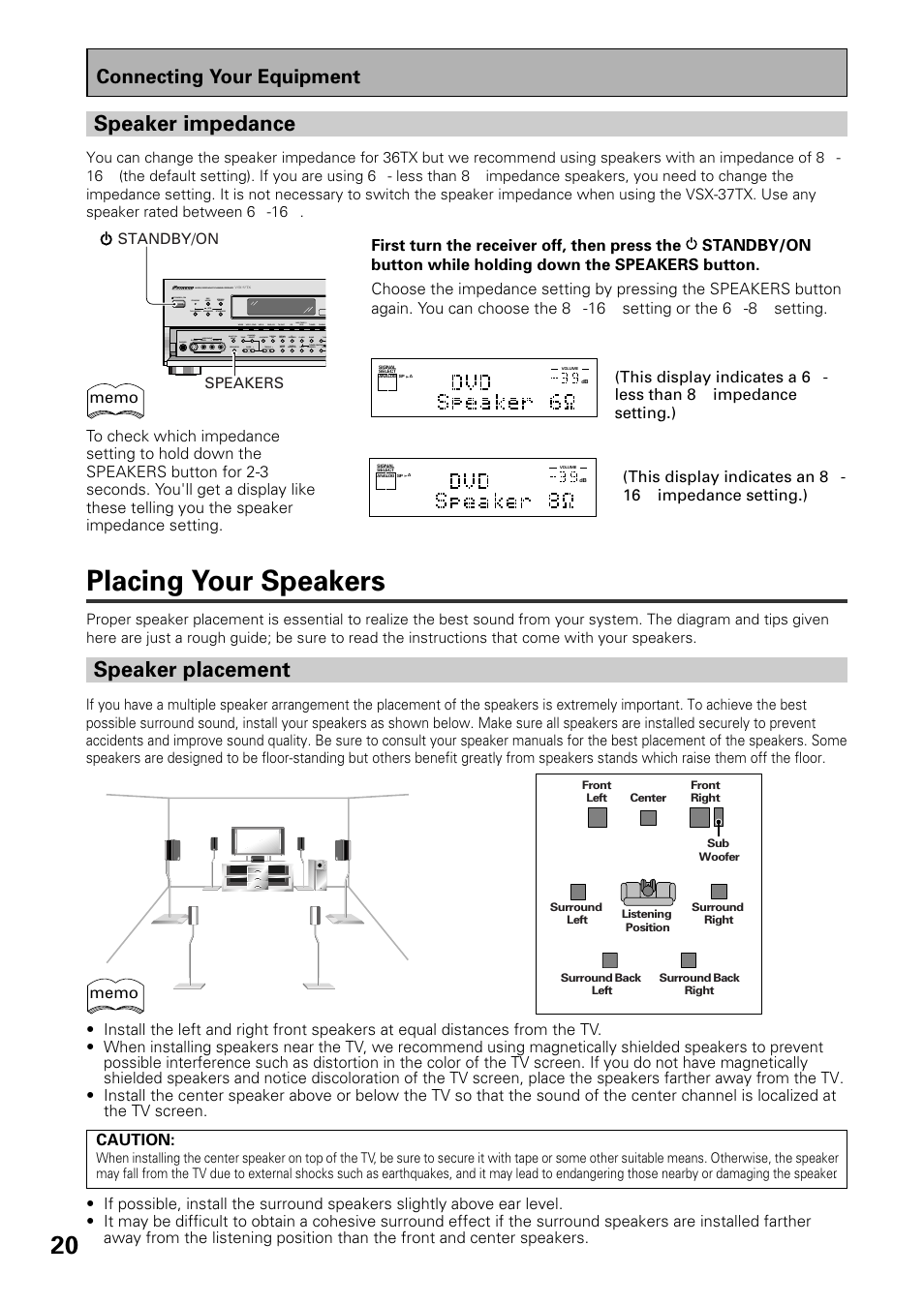 Placing your speakers, Speaker placement, Speaker impedance | Connecting your equipment | Pioneer VSX-37TX User Manual | Page 20 / 92