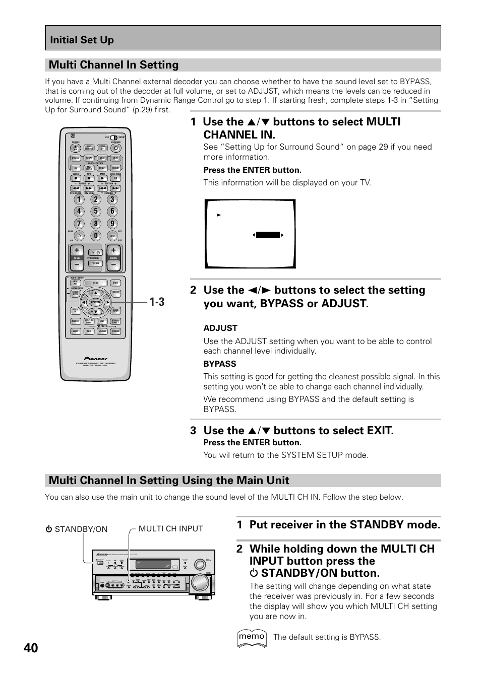 Multi channel in setting, 1 use the 5¥∞ buttons to select multi channel in, 3 use the 5¥∞ buttons to select exit | Multi channel in setting using the main unit, Initial set up, The default setting is bypass, Multi ch input standby/on | Pioneer VSX-37TX User Manual | Page 40 / 92