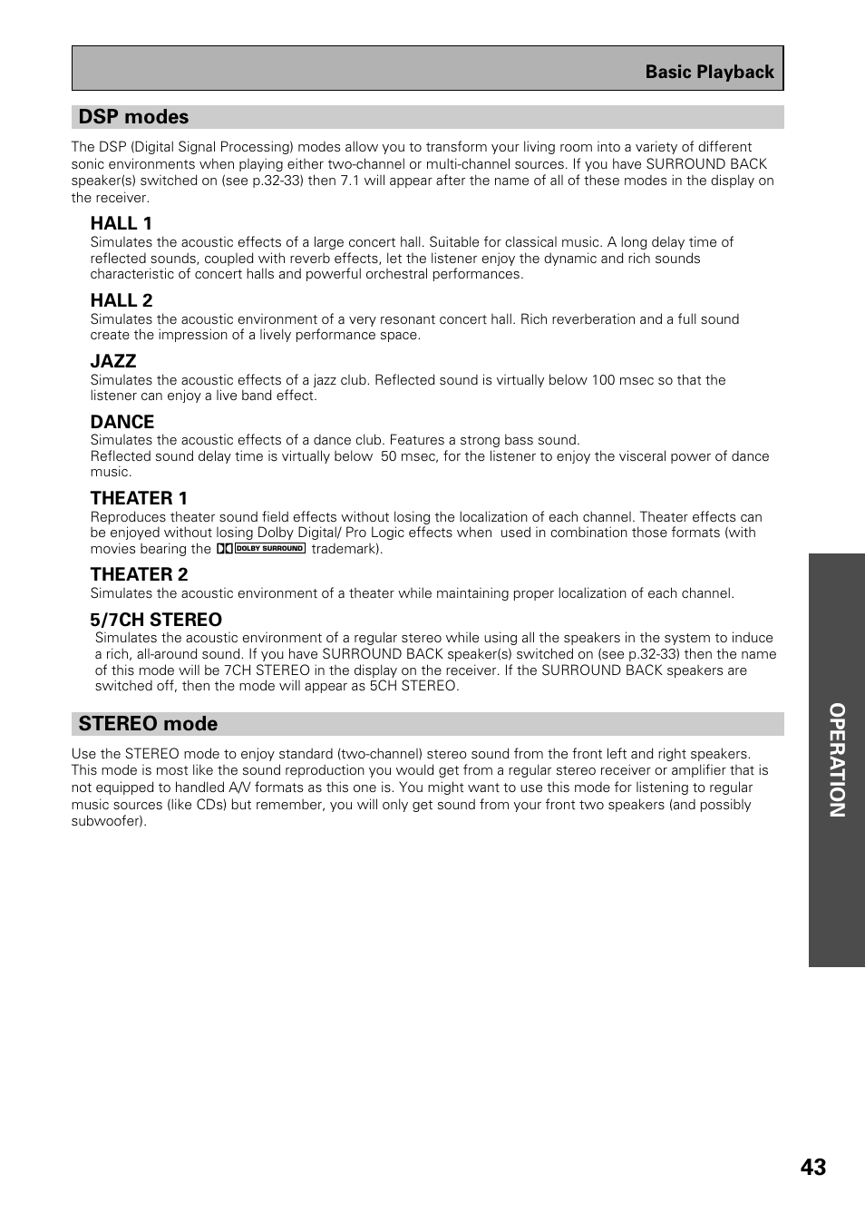 Opera tion, Dsp modes, Stereo mode | Pioneer VSX-37TX User Manual | Page 43 / 92