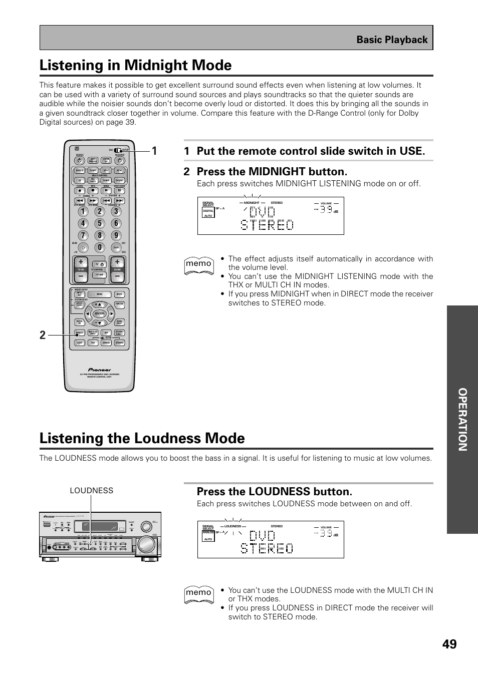Listening in midnight mode, Listening the loudness mode, Opera tion | Press the loudness button, Basic playback, Loudness | Pioneer VSX-37TX User Manual | Page 49 / 92