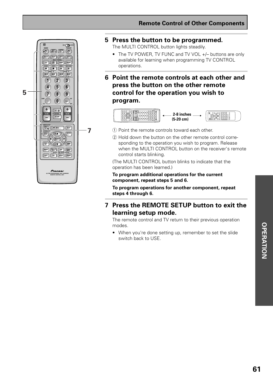 Opera tion, 5 press the button to be programmed, Remote control of other components | 8 inches (5-20 cm) | Pioneer VSX-37TX User Manual | Page 61 / 92