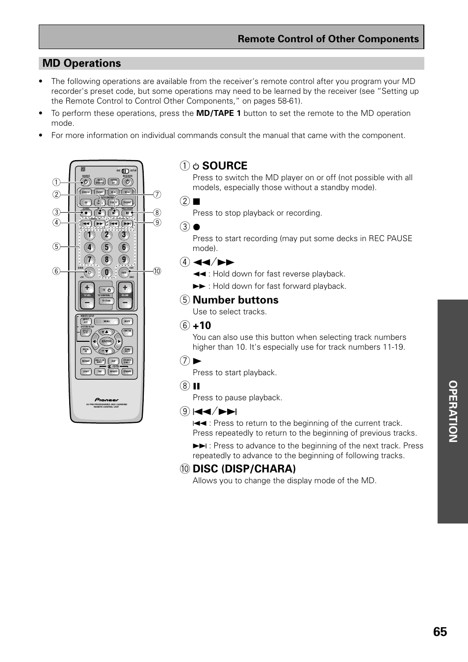 Opera tion, Md operations, 1 source | 5 number buttons, 0 disc (disp/chara), Remote control of other components, Press to stop playback or recording, Use to select tracks, Press to start playback, Press to pause playback | Pioneer VSX-37TX User Manual | Page 65 / 92