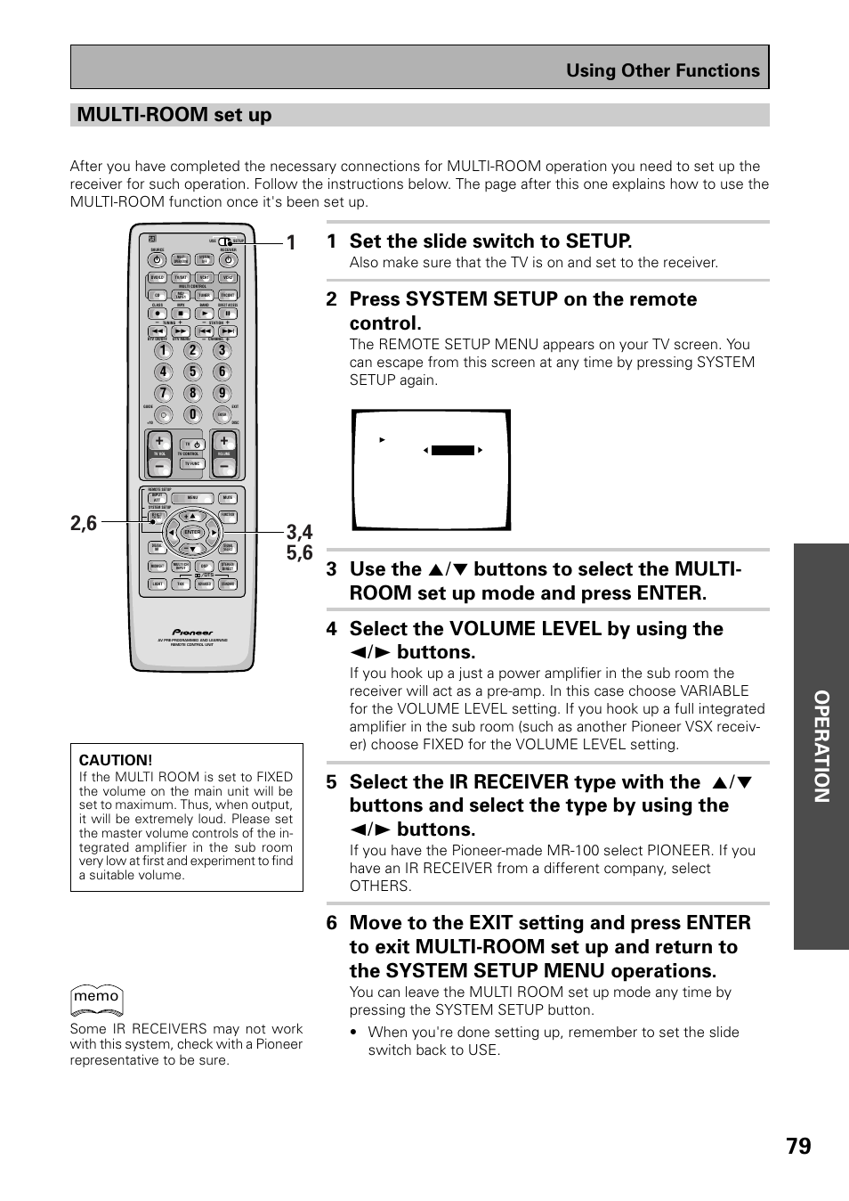 Opera tion, Multi-room set up, 1 set the slide switch to setup | 2 press system setup on the remote control, Using other functions, Caution | Pioneer VSX-37TX User Manual | Page 79 / 92
