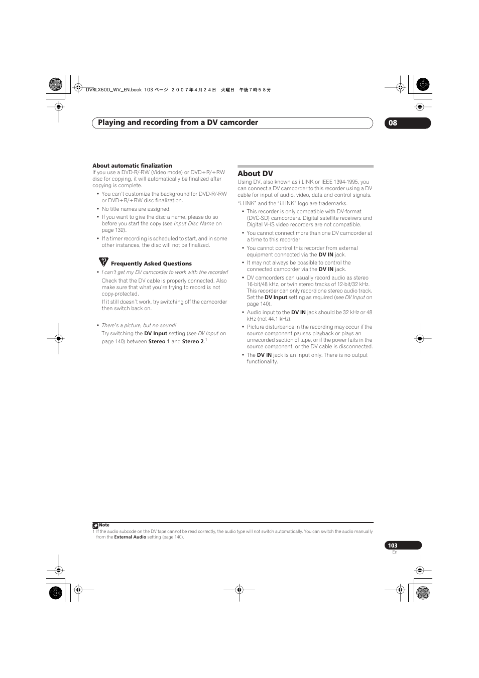 About dv, Playing and recording from a dv camcorder 08 | Pioneer RCS-LX60D User Manual | Page 103 / 164