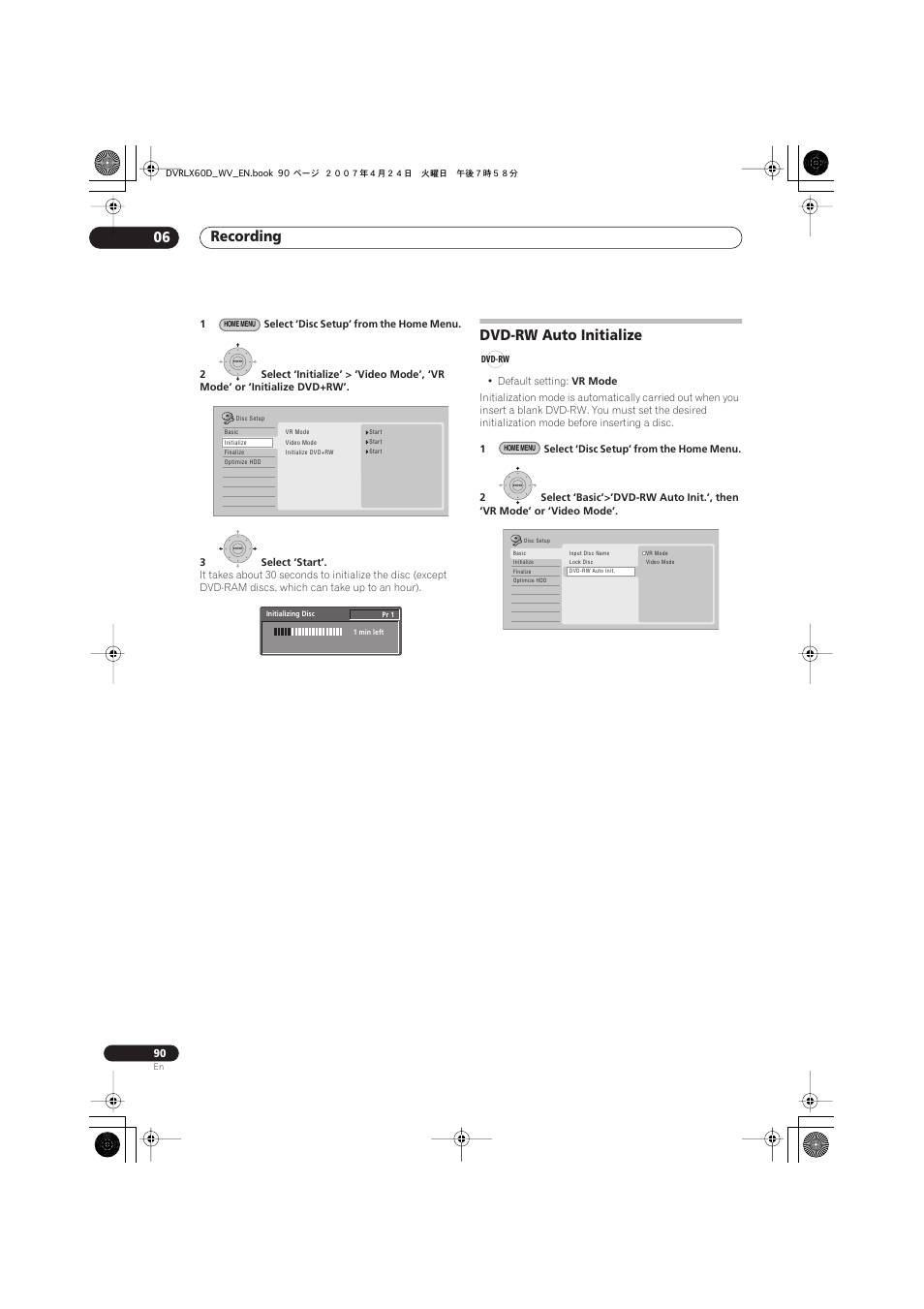 Dvd-rw auto initialize, Recording 06 | Pioneer RCS-LX60D User Manual | Page 90 / 164