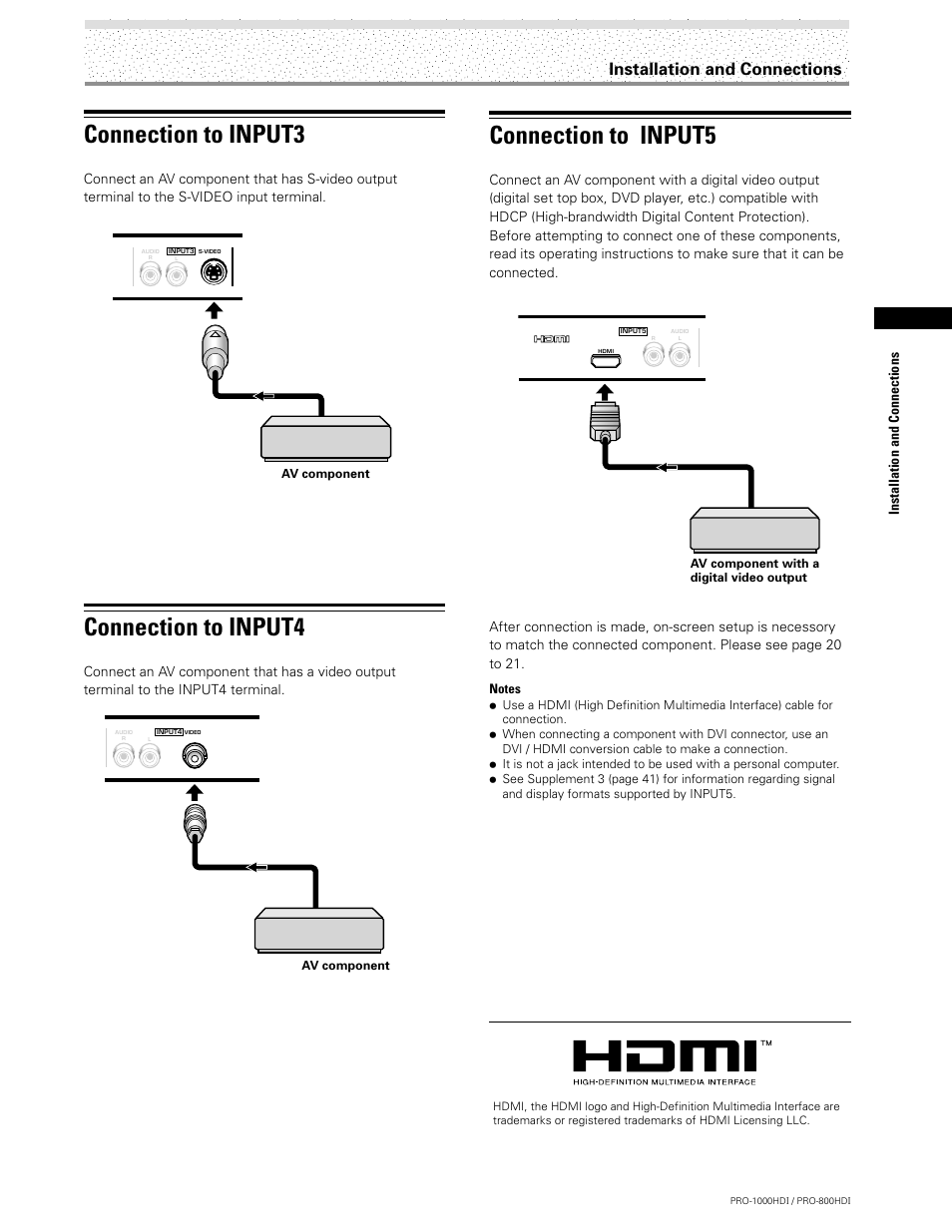 Connection to input3, Connection to input4, Connection to input5 | Installation and connections | Pioneer PRO-1000HDI User Manual | Page 17 / 48