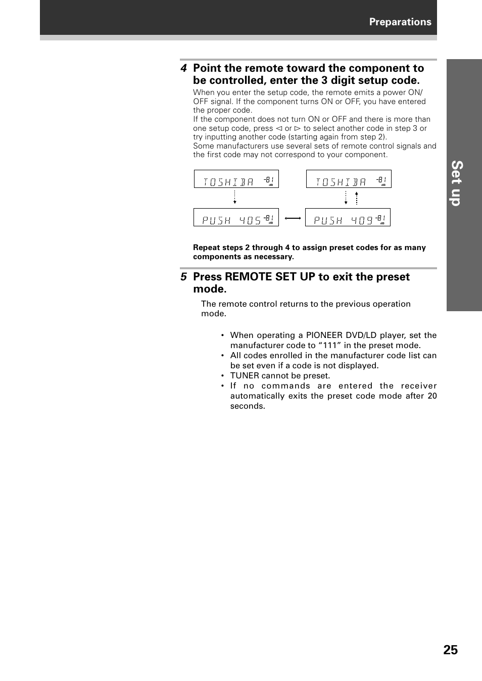 Set up, 5 press remote set up to exit the preset mode, Preparations | Pioneer VSX-D509S User Manual | Page 25 / 60