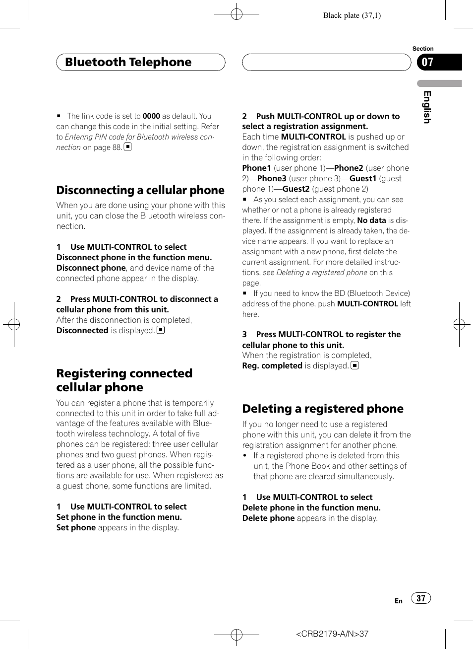 Disconnecting a cellular phone, Registering connected cellular phone, Deleting a registered phone | Bluetooth telephone | Pioneer Super Tuner III D DEH-P9850BT User Manual | Page 37 / 104
