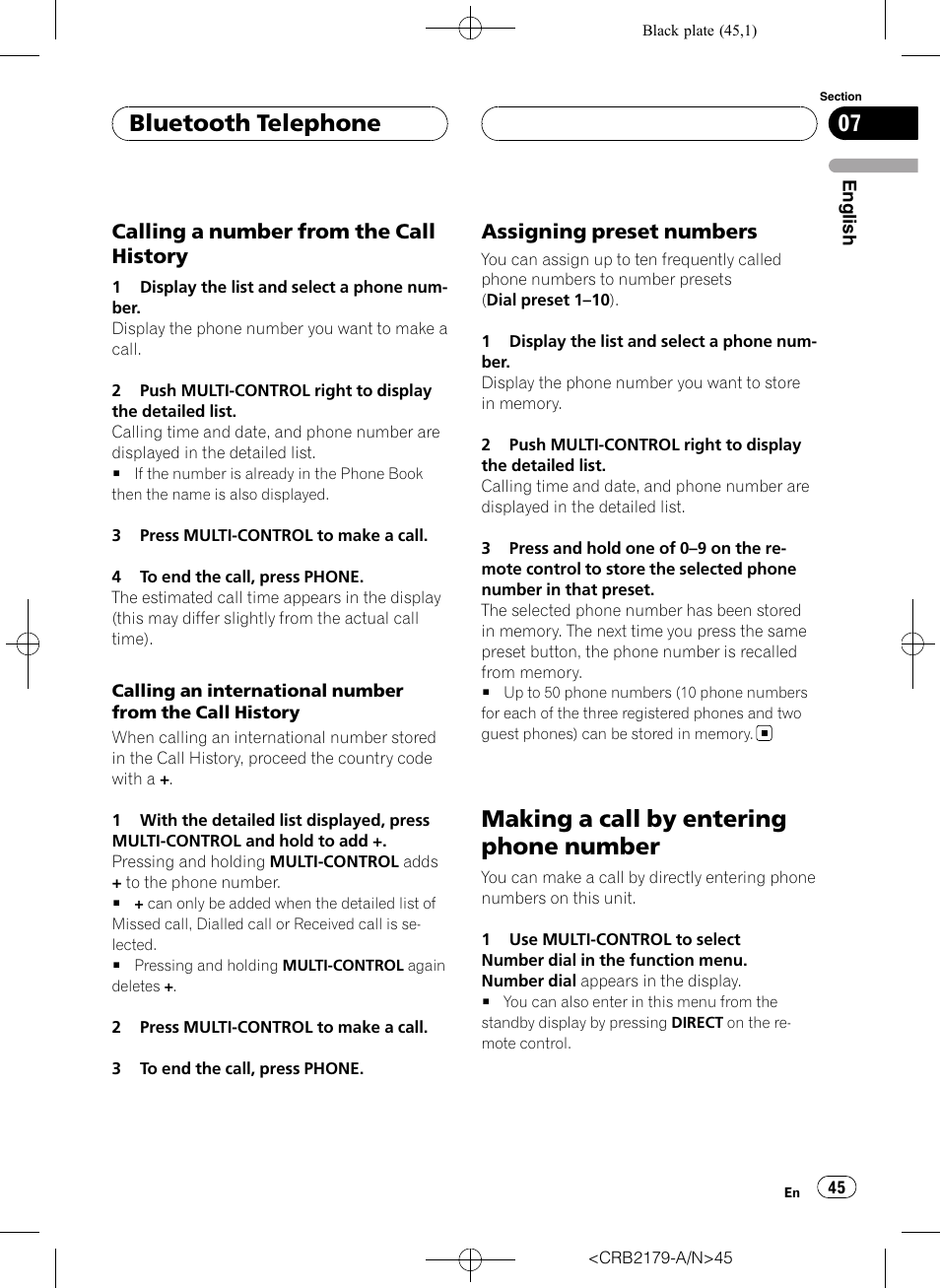 Calling a number from the call, History, Assigning preset numbers 45 | Making a call by entering phone number, Bluetooth telephone, Calling a number from the call history, Assigning preset numbers | Pioneer Super Tuner III D DEH-P9850BT User Manual | Page 45 / 104